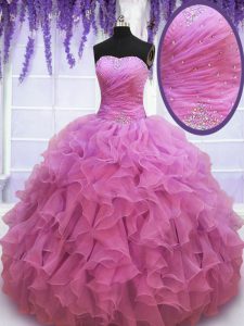 Dramatic Lilac Sleeveless Floor Length Beading and Ruffles Lace Up Quinceanera Dress