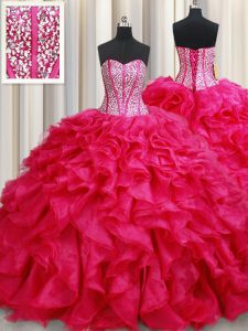 Sweet Organza Sleeveless With Train Quince Ball Gowns Brush Train and Beading and Ruffles