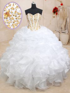 Low Price White Sweetheart Neckline Beading and Ruffles Ball Gown Prom Dress Sleeveless Lace Up