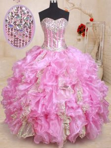 Lilac Quince Ball Gowns Military Ball and Sweet 16 and Quinceanera with Beading and Ruffles and Sequins Sweetheart Sleeveless Lace Up