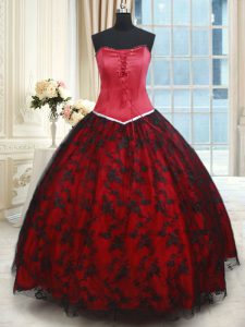 Modern Black and Red Lace Up Strapless Lace Quinceanera Gown Lace Sleeveless