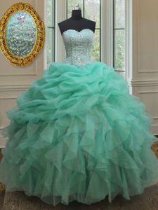 Custom Designed Floor Length Lace Up Sweet 16 Quinceanera Dress Apple Green for Military Ball and Sweet 16 and Quinceanera with Beading and Ruffles and Pick Ups