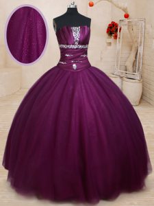 Floor Length Lace Up Sweet 16 Quinceanera Dress Dark Purple for Military Ball and Sweet 16 and Quinceanera with Beading