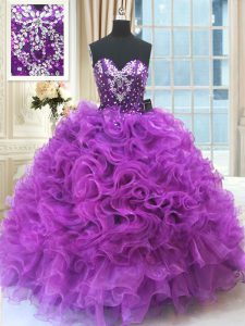 Great Eggplant Purple Sweetheart Neckline Beading and Ruffles Quinceanera Gowns Sleeveless Lace Up