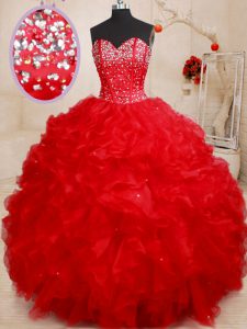 Super Floor Length Red Quinceanera Gowns Sweetheart Sleeveless Lace Up
