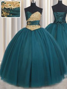 Sweetheart Sleeveless Quince Ball Gowns Floor Length Beading Teal Tulle