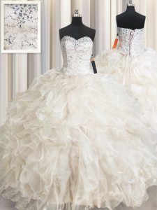 Ball Gowns 15th Birthday Dress Champagne Sweetheart Organza Sleeveless Floor Length Lace Up