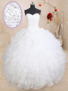 Floor Length Lace Up Quince Ball Gowns White for Military Ball and Sweet 16 and Quinceanera with Beading and Ruffles