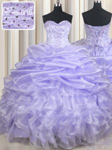 Sophisticated Lavender Sweetheart Neckline Beading and Ruffles and Pick Ups 15th Birthday Dress Sleeveless Lace Up