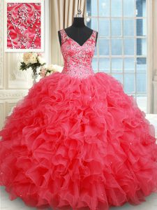 Floor Length Coral Red Sweet 16 Quinceanera Dress V-neck Sleeveless Backless
