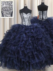 Dynamic Sequins Ruffled Floor Length Ball Gowns Sleeveless Navy Blue Sweet 16 Quinceanera Dress Lace Up