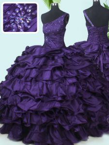 Pretty One Shoulder Purple Sleeveless Beading and Pick Ups Floor Length Quinceanera Gowns