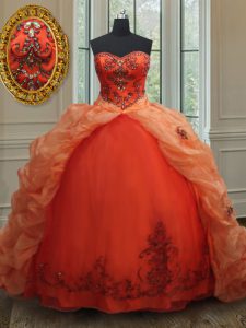 Fashion Orange Red Sleeveless Brush Train Beading and Embroidery and Pick Ups With Train Quince Ball Gowns