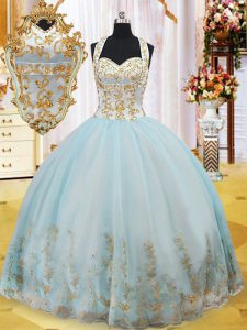Trendy Halter Top Light Blue Sleeveless Floor Length Appliques Lace Up Quinceanera Gown