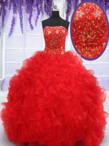 Eye-catching Floor Length Ball Gowns Sleeveless Red Vestidos de Quinceanera Lace Up