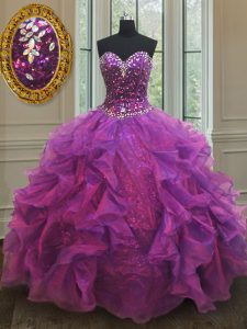 Dynamic Sequins Ball Gowns Sweet 16 Dress Purple Sweetheart Organza Sleeveless Floor Length Lace Up