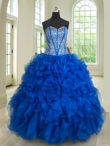 Glorious Floor Length Royal Blue Sweet 16 Dress Organza Sleeveless Beading and Ruffles