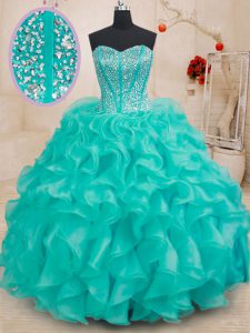 Popular Sleeveless Floor Length Beading and Ruffles Lace Up Ball Gown Prom Dress with Turquoise
