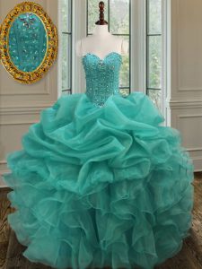 Turquoise Sleeveless Floor Length Beading and Ruffles and Pick Ups Lace Up Quinceanera Gowns