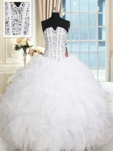 Fine Floor Length Lace Up Vestidos de Quinceanera White for Military Ball and Sweet 16 and Quinceanera with Beading and Ruffles