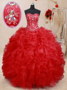 Inexpensive Sweetheart Sleeveless Lace Up 15th Birthday Dress Red Organza