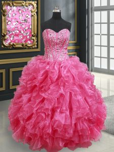 Lovely Hot Pink Lace Up Sweetheart Beading and Ruffles Quinceanera Gown Organza Sleeveless