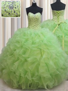 Luxury Sweetheart Sleeveless 15 Quinceanera Dress Floor Length Beading and Ruffles Yellow Green Organza