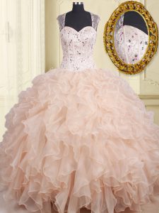 Exquisite Straps Pink Organza Zipper Sweet 16 Dresses Cap Sleeves Floor Length Beading and Ruffles