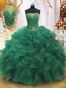 Fine Dark Green Lace Up 15th Birthday Dress Beading and Ruffles Sleeveless Floor Length