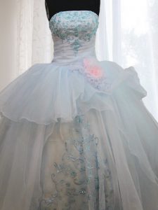On Sale Sleeveless Organza Floor Length Lace Up Quinceanera Dresses in Light Blue with Appliques and Hand Made Flower