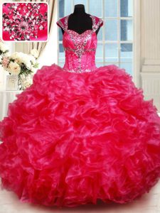 Beauteous Cap Sleeves Floor Length Backless 15th Birthday Dress Hot Pink for Military Ball and Sweet 16 and Quinceanera with Beading and Ruffles