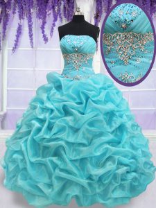 Custom Made Sleeveless Organza Floor Length Lace Up Quince Ball Gowns in Aqua Blue with Beading and Pick Ups