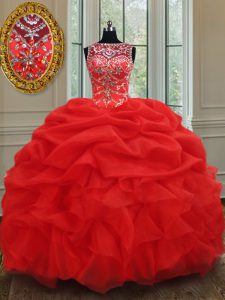 Sweet See Through Red Bateau Lace Up Beading and Ruffles Ball Gown Prom Dress Sleeveless