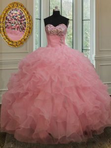 Great Organza Sweetheart Sleeveless Lace Up Beading and Ruffles and Sequins Ball Gown Prom Dress in Baby Pink