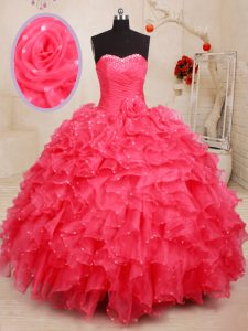 Fantastic Organza Sweetheart Sleeveless Lace Up Beading and Ruffles and Sequins and Hand Made Flower Quinceanera Dress in Coral Red