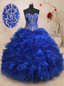 Fine Sleeveless Organza With Brush Train Lace Up 15 Quinceanera Dress in Royal Blue with Beading and Ruffles