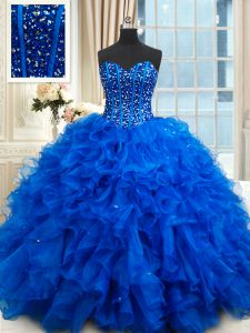 Artistic Royal Blue Sweetheart Neckline Beading and Ruffles Vestidos de Quinceanera Sleeveless Lace Up