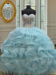 Pretty Light Blue Ball Gowns Sweetheart Sleeveless Organza Floor Length Lace Up Beading and Ruffles and Sequins Quinceanera Gowns