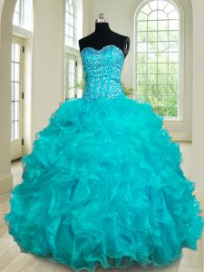Stunning Floor Length Teal Sweet 16 Quinceanera Dress Sweetheart Sleeveless Lace Up