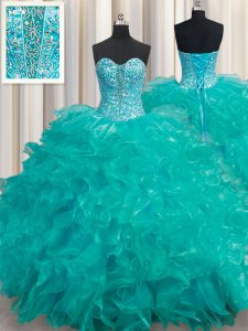 Best Turquoise Ball Gowns Beading and Ruffles Ball Gown Prom Dress Lace Up Organza Sleeveless Floor Length
