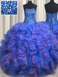 Blue and Purple Sleeveless Floor Length Beading and Ruffles Lace Up Sweet 16 Dresses