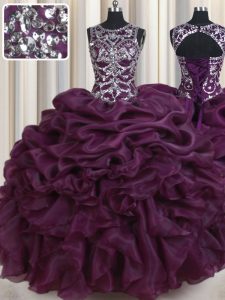 Trendy Dark Purple Scoop Lace Up Beading and Ruffles and Pick Ups Quince Ball Gowns Sleeveless