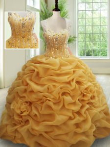 Fashionable Gold Zipper Straps Beading and Pick Ups Sweet 16 Dresses Organza Sleeveless Brush Train