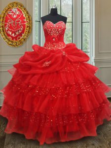 Red Organza Lace Up Quinceanera Gowns Sleeveless Floor Length Beading and Ruffled Layers and Sequins and Pick Ups