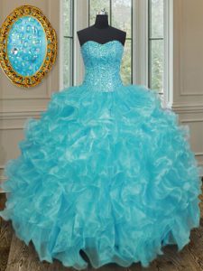 Top Selling Sweetheart Sleeveless Lace Up Sweet 16 Quinceanera Dress Aqua Blue Organza