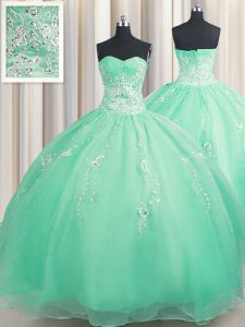 Elegant Turquoise Zipper Sweetheart Beading and Appliques Sweet 16 Dresses Organza Sleeveless