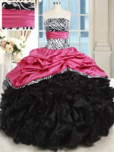 Pink And Black Lace Up Strapless Beading and Ruffles Sweet 16 Dresses Organza and Taffeta Sleeveless