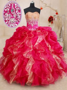 Super Sleeveless Floor Length Beading and Ruffles Lace Up 15 Quinceanera Dress with Red