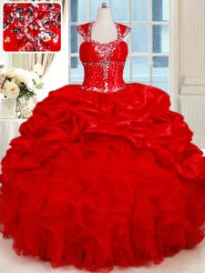 On Sale Red Backless 15 Quinceanera Dress Ruffles and Pick Ups Cap Sleeves Floor Length