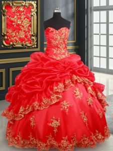 Pick Ups Red Sleeveless Satin and Organza Lace Up Ball Gown Prom Dress for Military Ball and Sweet 16 and Quinceanera